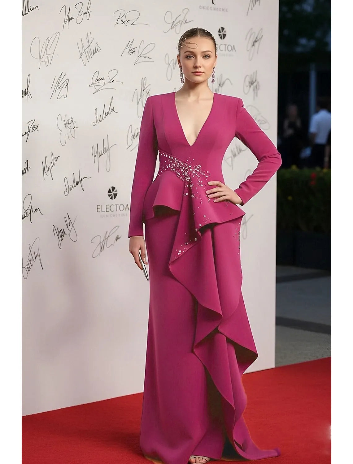 Beautiful Mermaid V-Neck Long Sleeve Beaded Ruffle Fuchsia Evening Dress For Sale