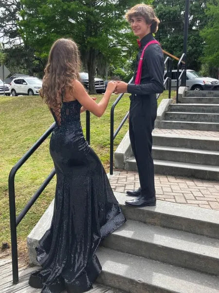 Glamorous Mermaid V-Neck Applique Lace-Up Sequin Black Prom Dress With Train