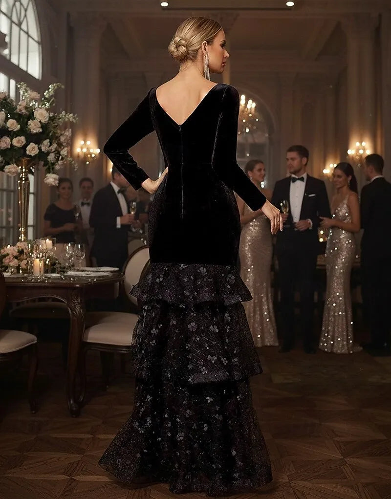 Glamorous Mermaid V-Neck Long Sleeve Floral Tiered Ruffle Velvet Black Evening Dress For Women