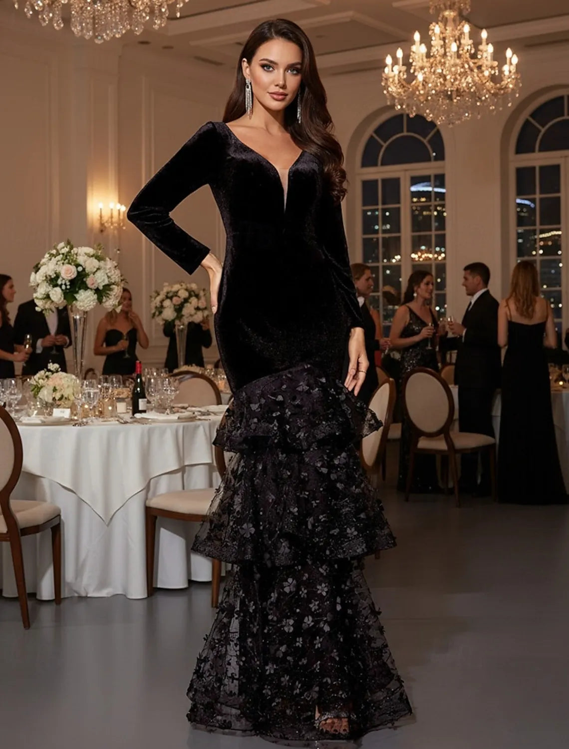 Glamorous Mermaid V-Neck Long Sleeve Floral Tiered Ruffle Velvet Black Evening Dress For Women