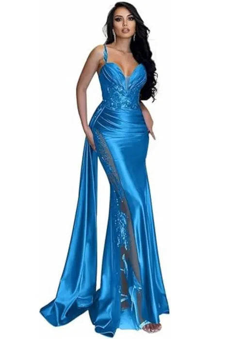 Glamorous Mermaid V-Neck Sleeveless Beaded Teal Maxi Evening Dress for Women Custom
