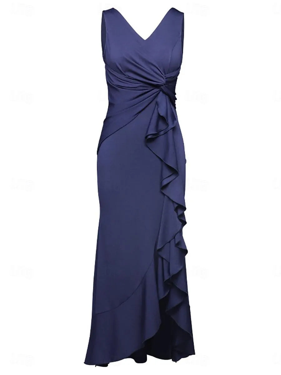 Glamorous Mermaid V-Neck Sleeveless Ruffled Navy Blue Maxi Evening Dress for Women Ready to Ship