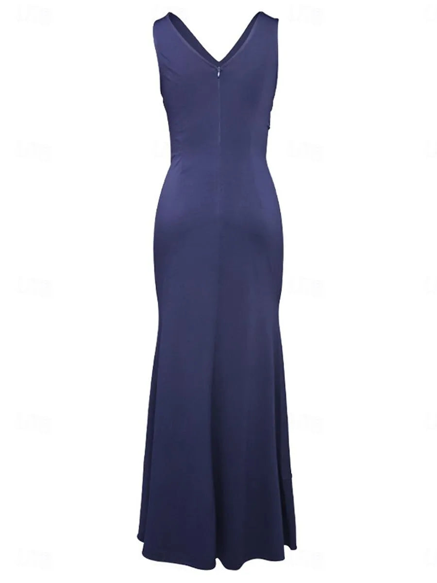 Glamorous Mermaid V-Neck Sleeveless Ruffled Navy Blue Maxi Evening Dress for Women Ready to Ship