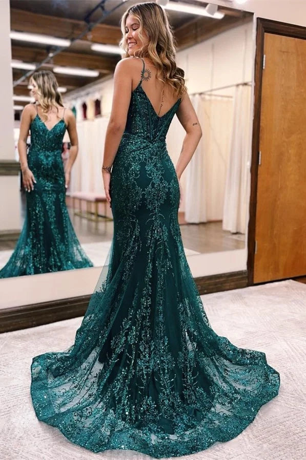 Glamorous Mermaid V-Neck Spaghetti Strap Teal Sequin Maxi Prom Dress