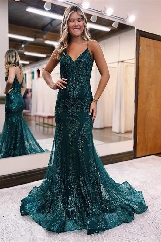 Glamorous Mermaid V-Neck Spaghetti Strap Teal Sequin Maxi Prom Dress