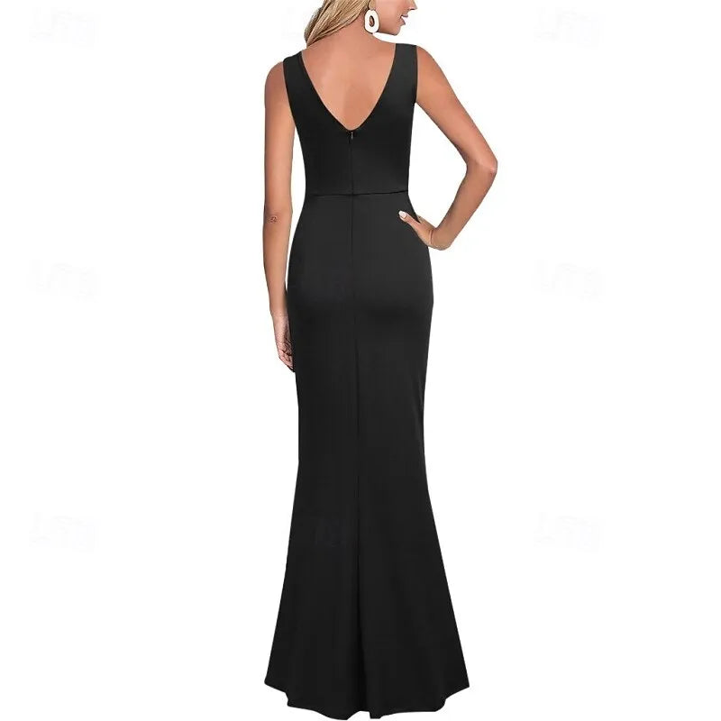 Glamorous Mermaid V-neck Sleeveless Ruched Black Maxi Prom Dress for Women Hot Sale