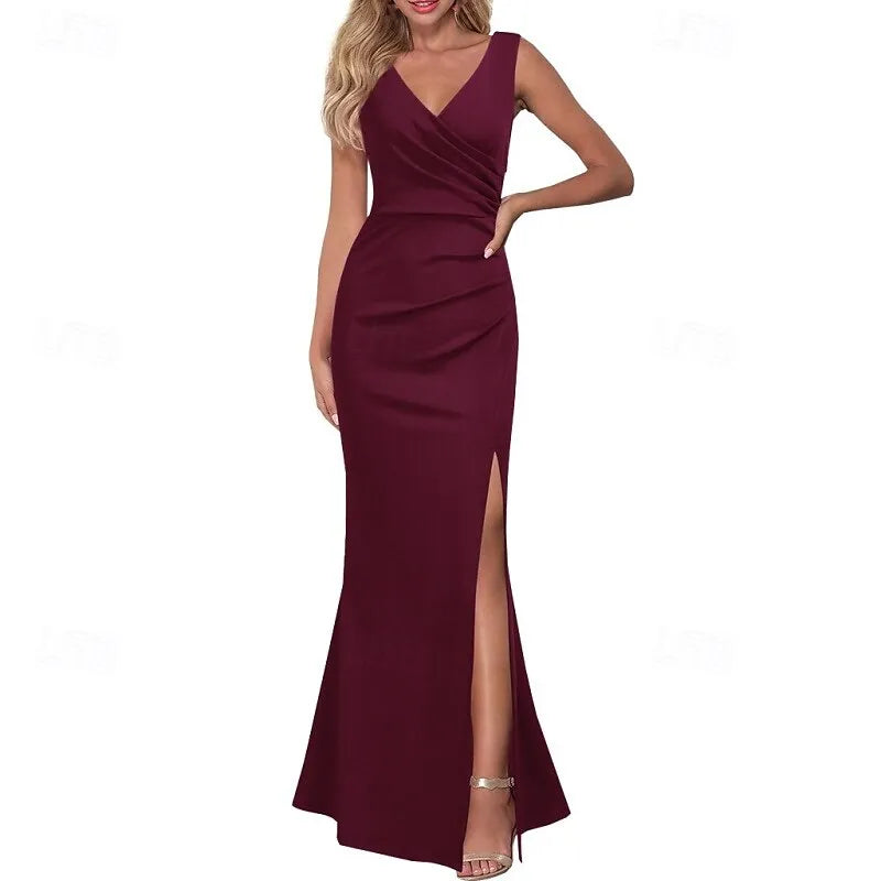 Glamorous Mermaid V-neck Sleeveless Ruched Black Maxi Prom Dress for Women Hot Sale