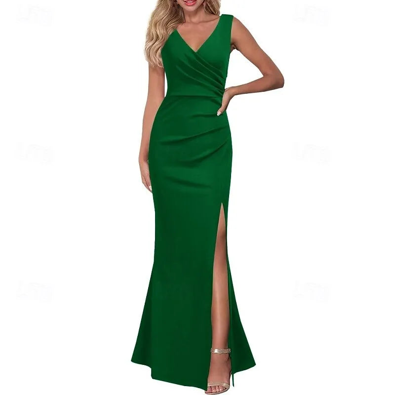 Glamorous Mermaid V-neck Sleeveless Ruched Black Maxi Prom Dress for Women Hot Sale