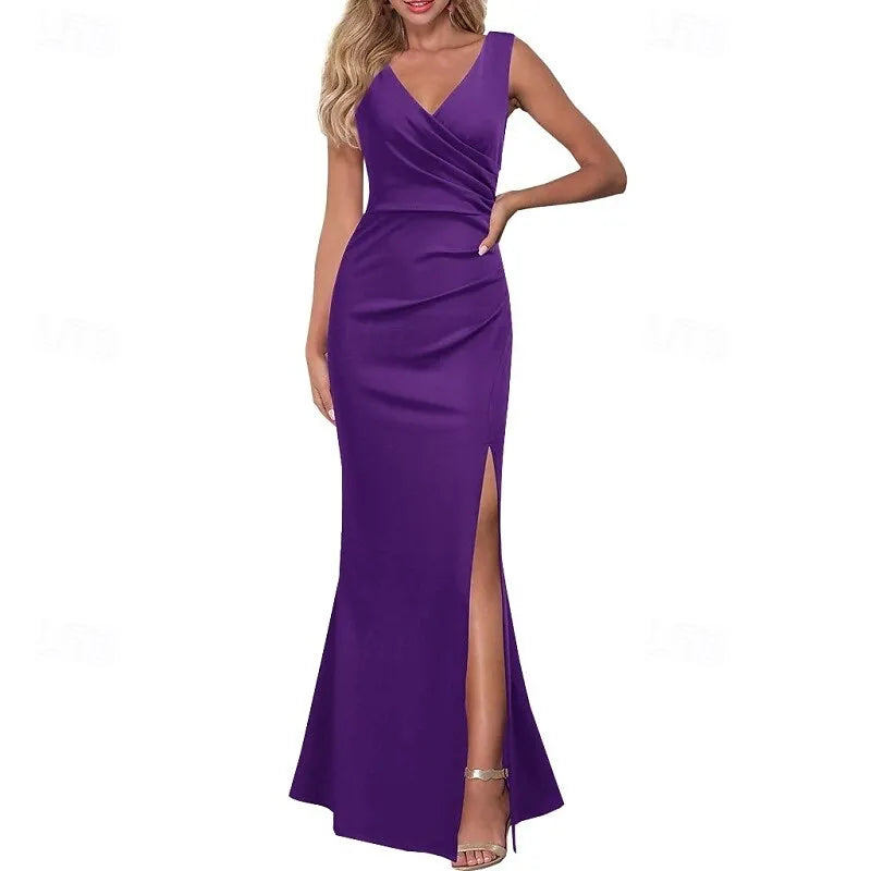 Glamorous Mermaid V-neck Sleeveless Ruched Black Maxi Prom Dress for Women Hot Sale