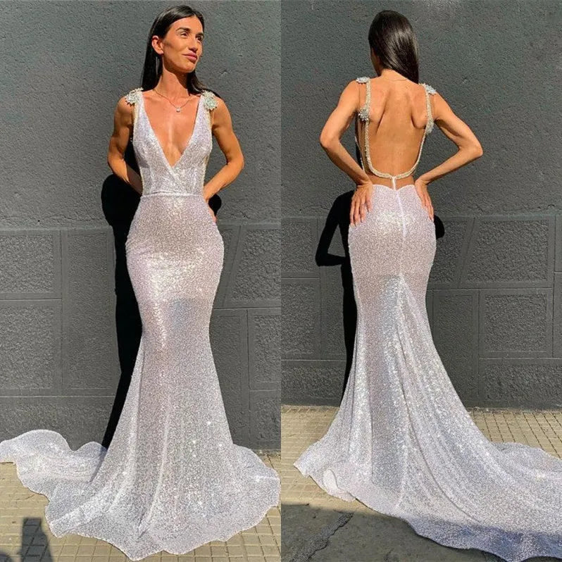 Glamorous Mermaid V-neck Beaded Silver Evening Dress For Ladies Hot Sale