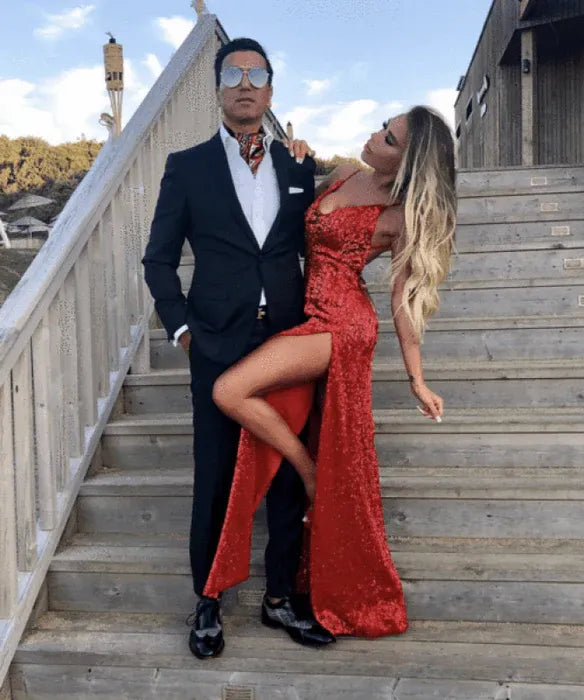 Glamorous Mermaid Cowl Neck Sequin Red Evening Dress For Ladies Hot Sale