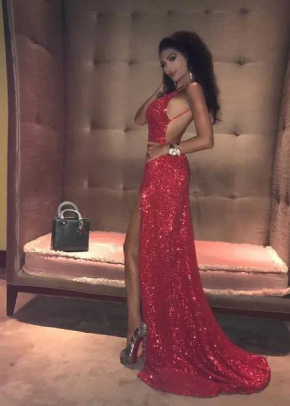 Glamorous Mermaid Cowl Neck Sequin Red Evening Dress For Ladies Hot Sale