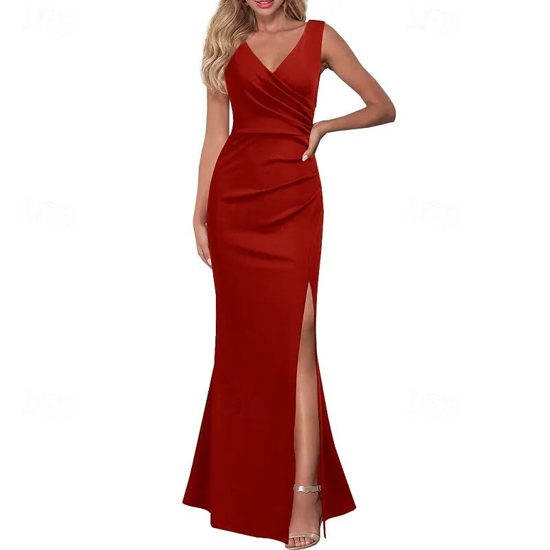 Glamorous Mermaid V-neck Sleeveless Ruched Black Maxi Prom Dress for Women Hot Sale