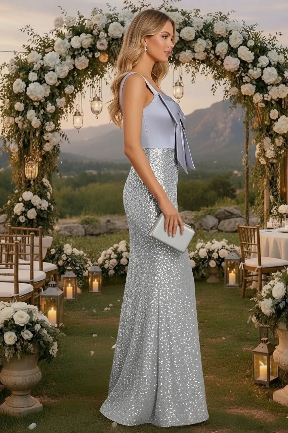 Glamorous Mermaid Sweetheart Sleeveless Bow Sequin Satin Silver Maxi Prom Dress