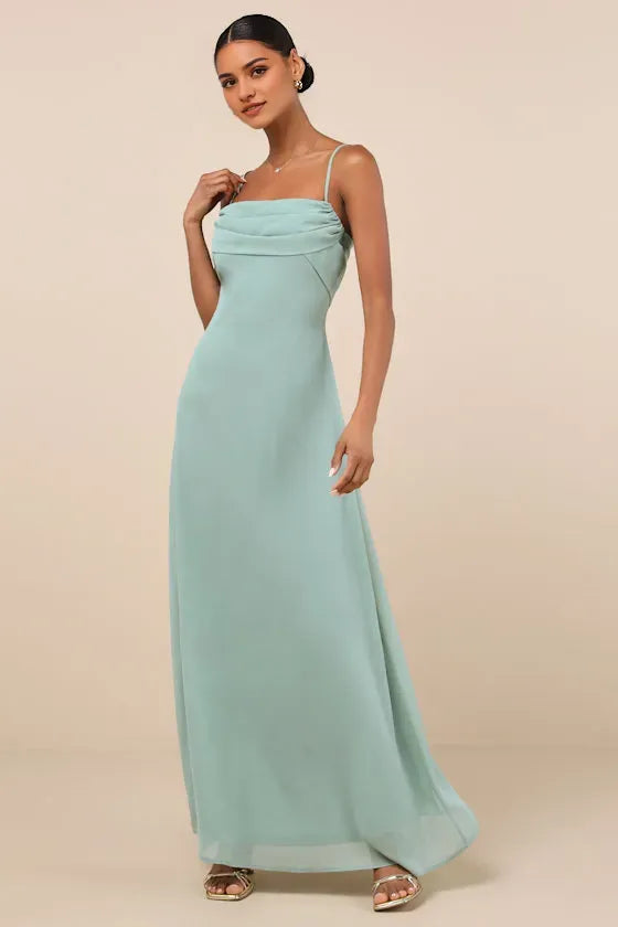Glamorous Mint Green Chiffon Prom Dresses featuring Spaghetti Straps Draped Bodice Detail and Flowing Floor Length Silhouette Perfect for Prom Nights