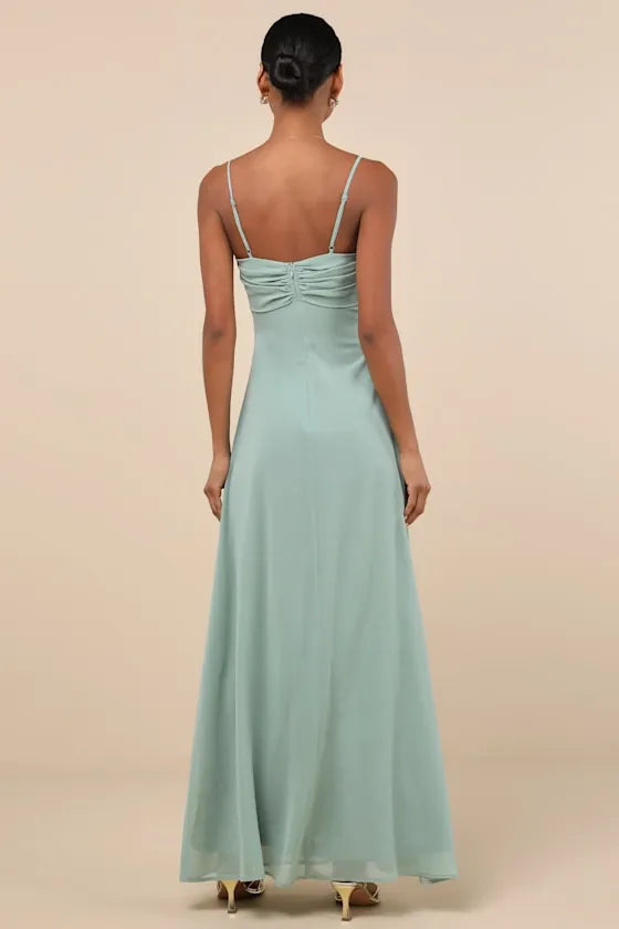 Glamorous Mint Green Chiffon Prom Dresses featuring Spaghetti Straps Draped Bodice Detail and Flowing Floor Length Silhouette Perfect for Prom Nights