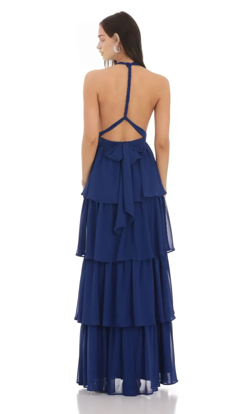 Glamorous Navy Blue Prom Gown with Halter Neckline Tiered Ruffle Skirt Deep V Cut  Ideal for Memorable Prom Nights