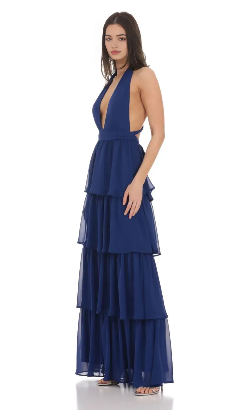 Glamorous Navy Blue Prom Gown with Halter Neckline Tiered Ruffle Skirt Deep V Cut  Ideal for Memorable Prom Nights