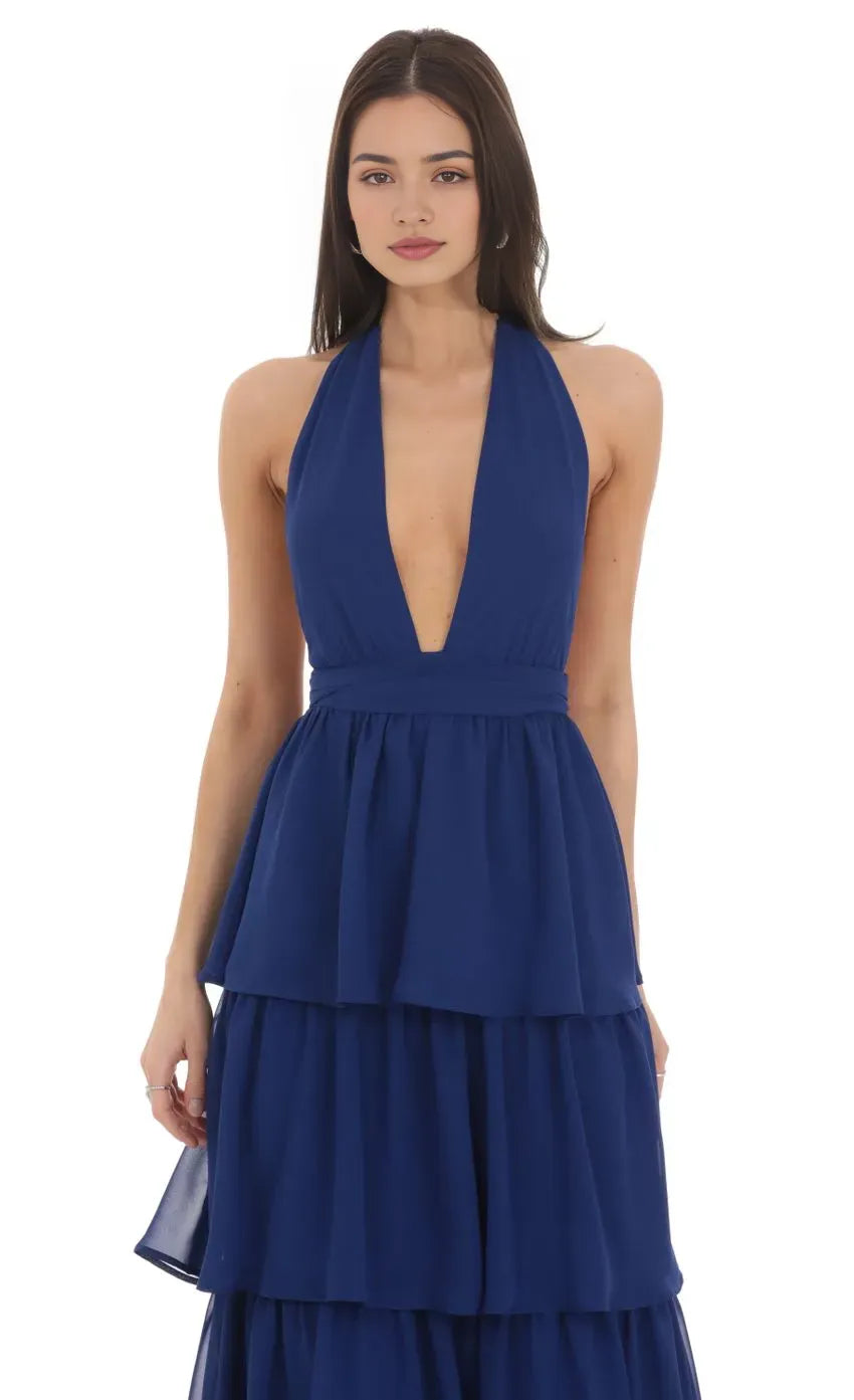 Glamorous Navy Blue Prom Gown with Halter Neckline Tiered Ruffle Skirt Deep V Cut  Ideal for Memorable Prom Nights