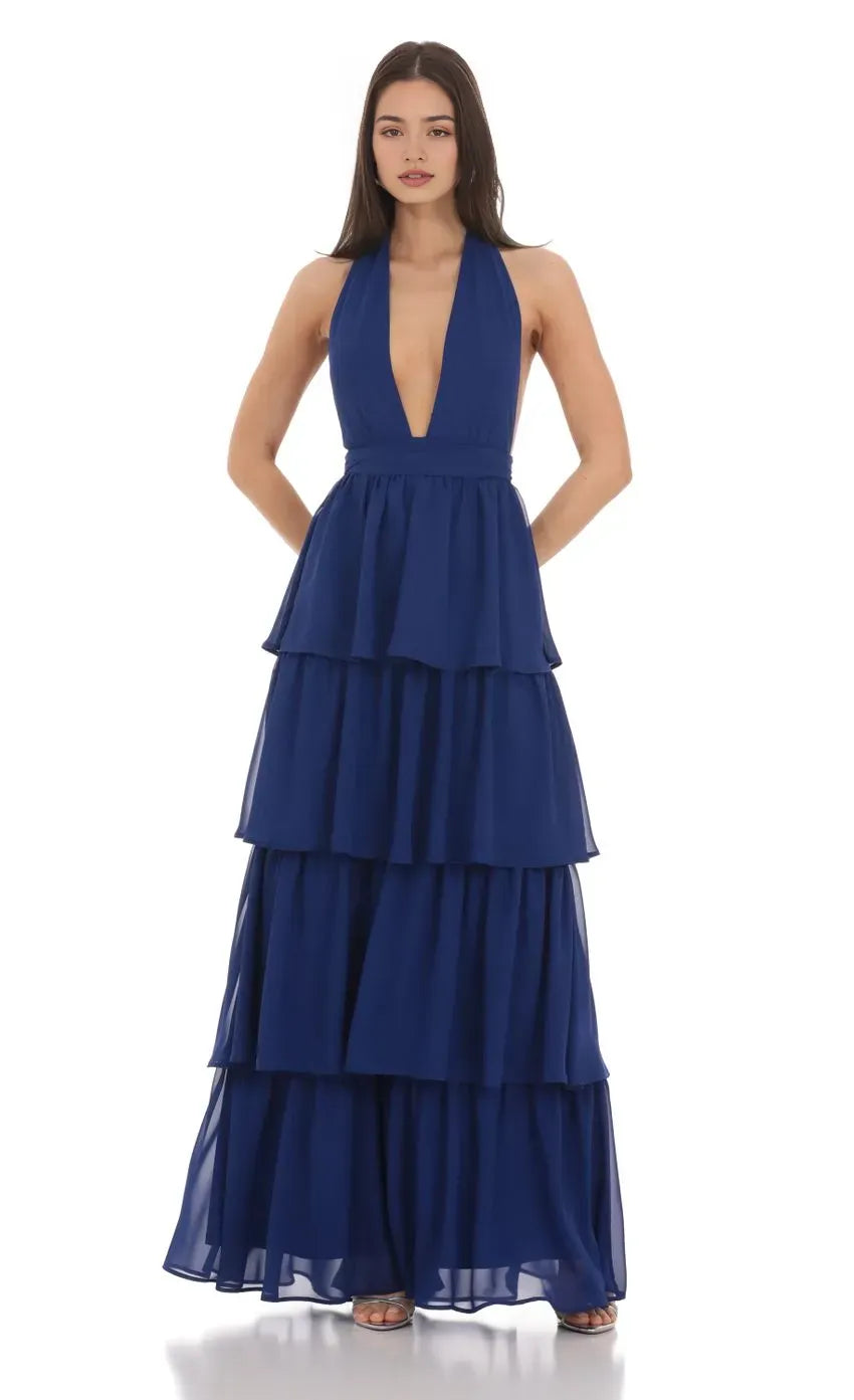 Glamorous Navy Blue Prom Gown with Halter Neckline Tiered Ruffle Skirt Deep V Cut  Ideal for Memorable Prom Nights