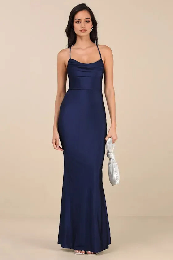 Glamorous Navy Blue Satin Prom Dresses featuring Spaghetti Straps Draped Cowl Neck and Fitted Mermaid  Style Skirt Perfect for Prom Nights