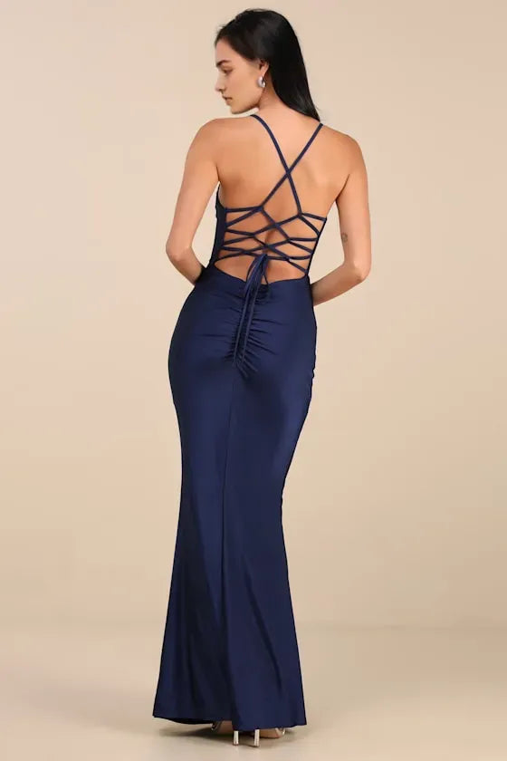 Glamorous Navy Blue Satin Prom Dresses featuring Spaghetti Straps Draped Cowl Neck and Fitted Mermaid  Style Skirt Perfect for Prom Nights