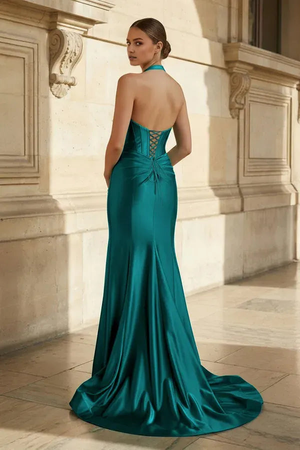 Glamorous Navy Mermaid Halter Neck Sleeveless Lace-Up Floor-Length Ruched Prom Dresses with Slit