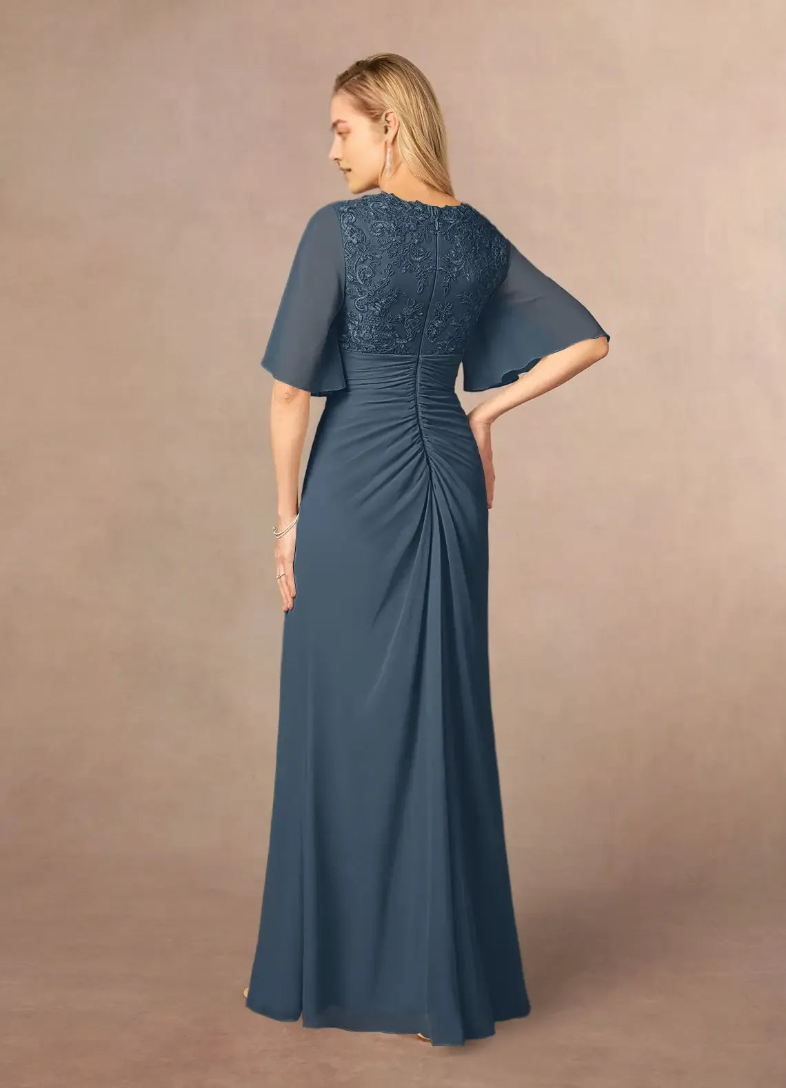 Glamorous Neptune A-Line V-Neck Lace Chiffon Mother of the Bride Dresses  Luxe Satin Finish V - Neck Short Sleeves Figure - Flattering Draped Design Floor  Length Silhouette