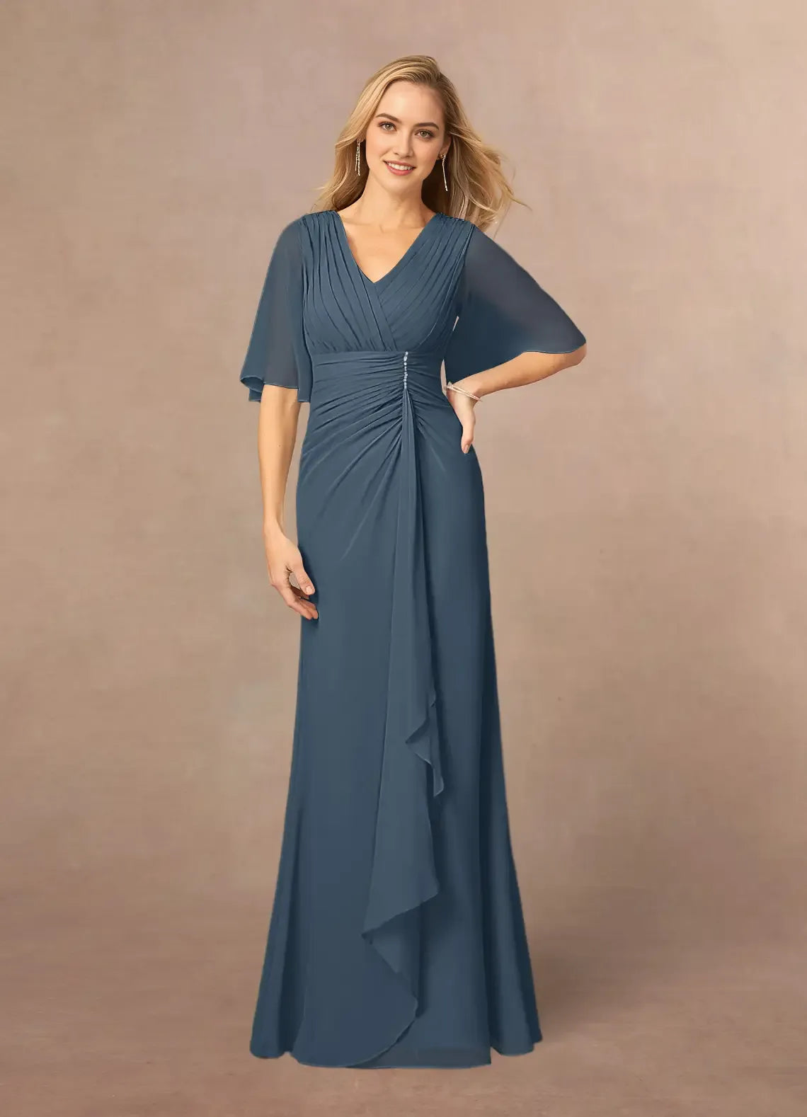 Glamorous Neptune A-Line V-Neck Lace Chiffon Mother of the Bride Dresses  Luxe Satin Finish V - Neck Short Sleeves Figure - Flattering Draped Design Floor  Length Silhouette