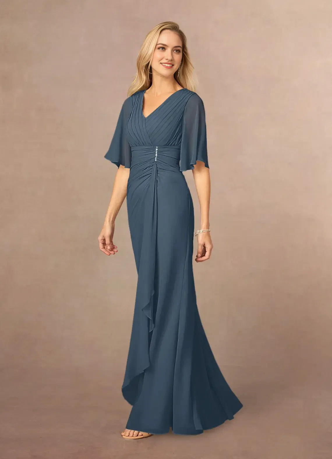 Glamorous Neptune A-Line V-Neck Lace Chiffon Mother of the Bride Dresses  Luxe Satin Finish V - Neck Short Sleeves Figure - Flattering Draped Design Floor  Length Silhouette