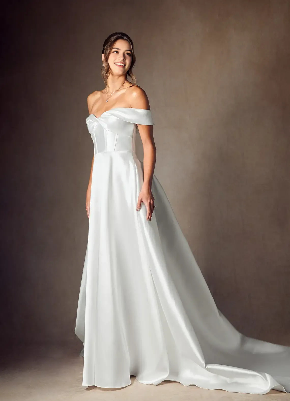 Glamorous Off - Shoulder A-Line Sweetheart Neckline Mikado Wedding Dress Satin Ball GownBow  Detailing Voluminous Train Minimalist Detailing