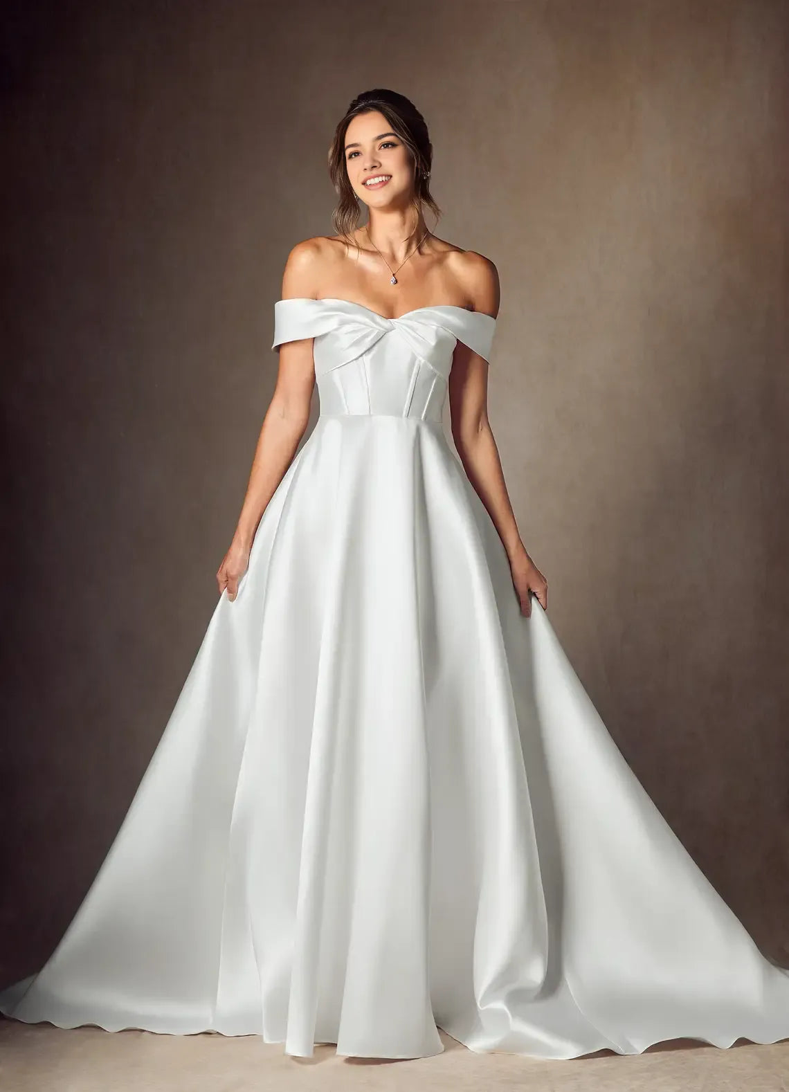 Glamorous Off - Shoulder A-Line Sweetheart Neckline Mikado Wedding Dress Satin Ball GownBow  Detailing Voluminous Train Minimalist Detailing