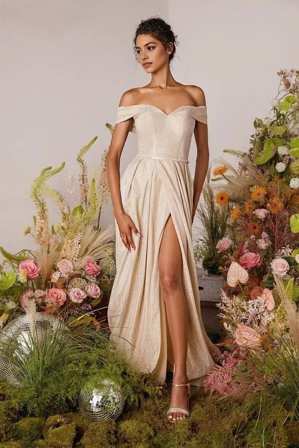 Glamorous Off - Shoulder Champagne Shimmer Prom Gown with High Side Slit and Crystal Belt for Enchanting Evenings”