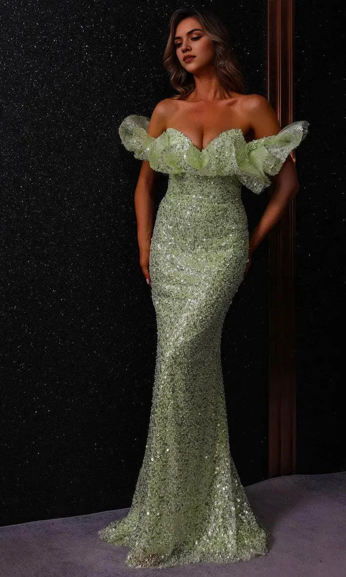 Glamorous Off - Shoulder Ruffled Sequin Mermaid Gown in Light Green Perfect for Luxury Foreign Trade Balls and Evening Galas