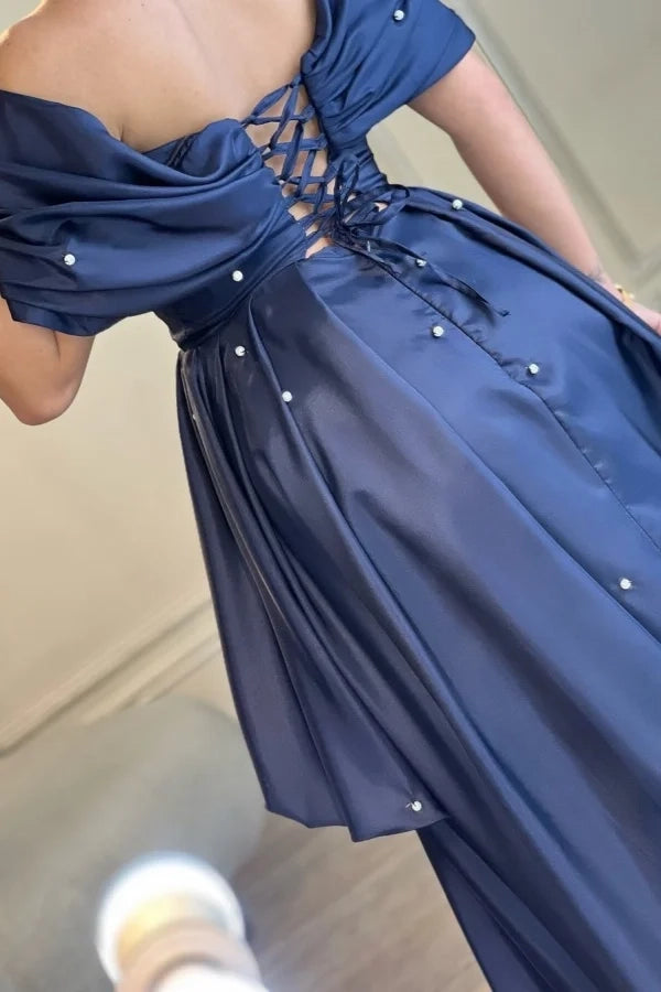 Glamorous Off-Shoulder Short Sleeve Pearl Navy Train Party Dress