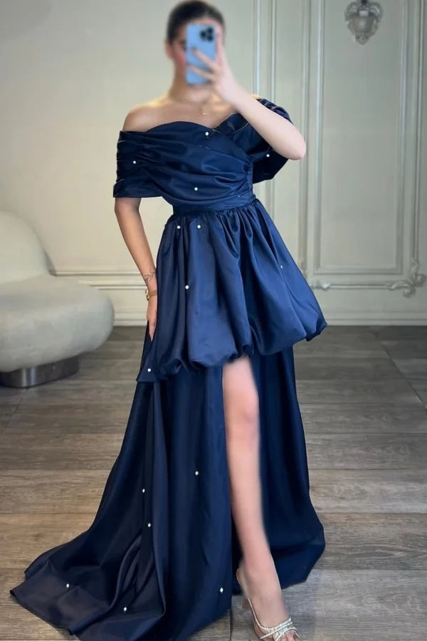 Glamorous Off-Shoulder Short Sleeve Pearl Navy Train Party Dress
