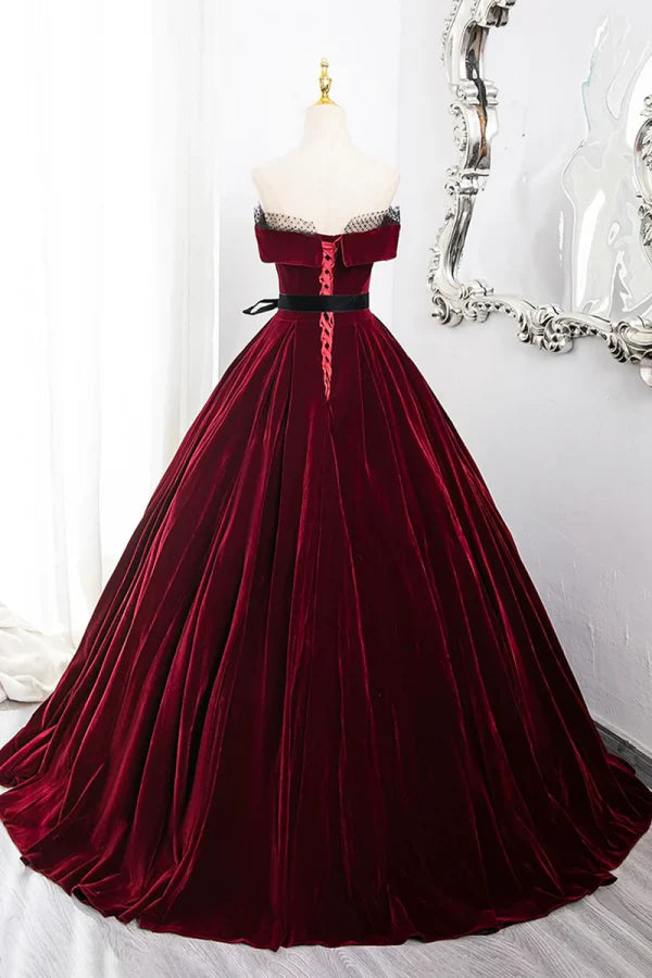 Glamorous Off-the-Shoulder Beaded Burgundy Velvet Long Party Dresses