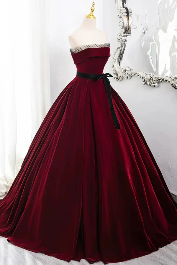 Glamorous Off-the-Shoulder Beaded Burgundy Velvet Long Party Dresses