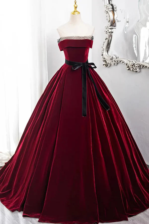 Glamorous Off-the-Shoulder Beaded Burgundy Velvet Long Party Dresses