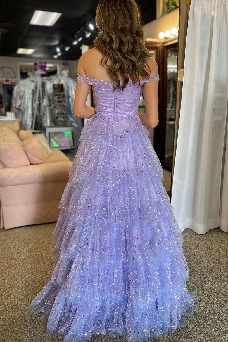 Glamorous Off-the-Shoulder Beaded Lavender Floor-Length Prom Dress