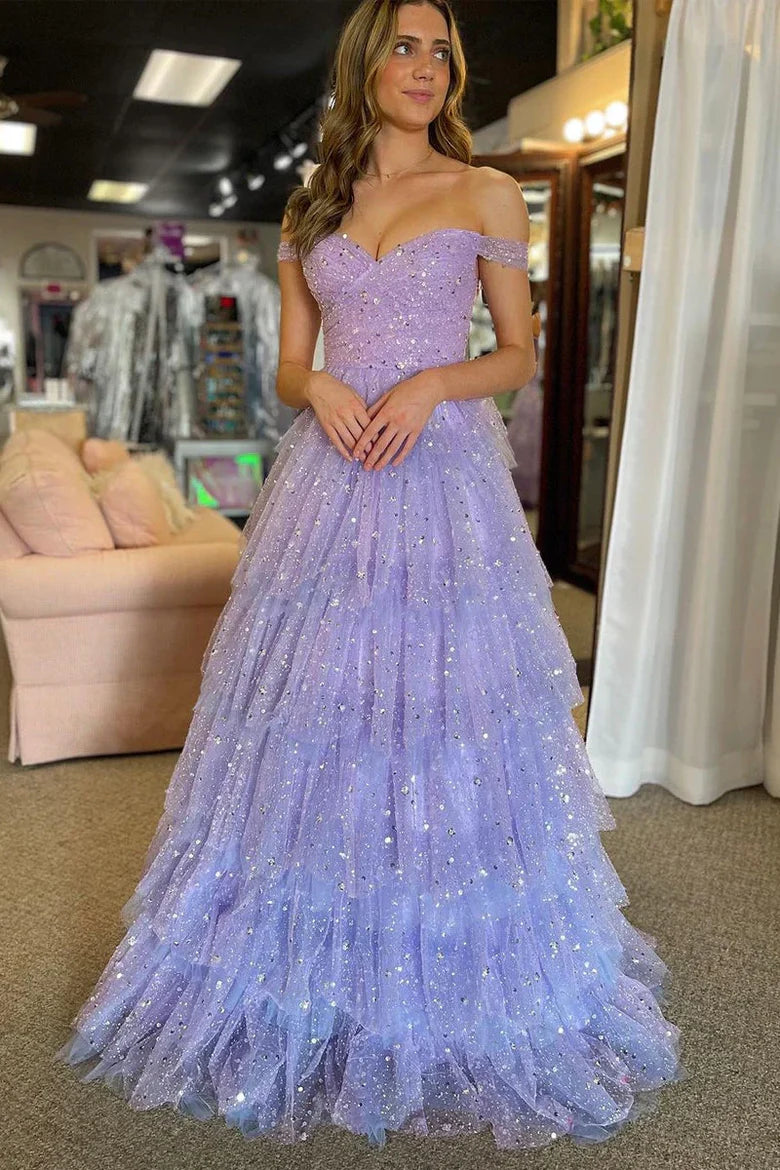 Glamorous Off-the-Shoulder Beaded Lavender Floor-Length Prom Dress