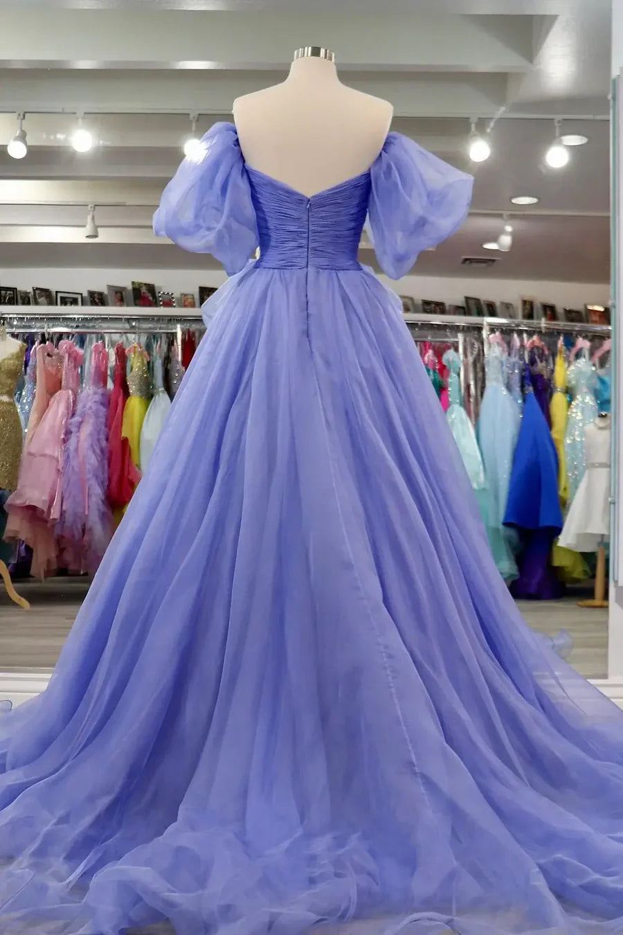 Glamorous Off-the-Shoulder Puffed Lavender Floor-Length Evening Dress