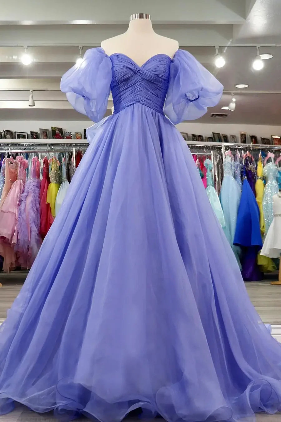 Glamorous Off-the-Shoulder Puffed Lavender Floor-Length Evening Dress