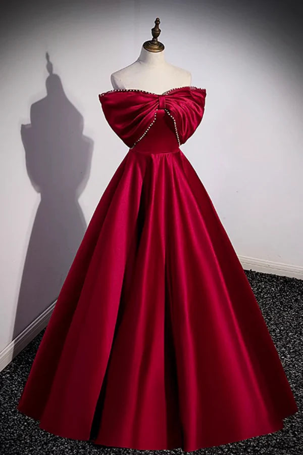 Glamorous Off-the-Shoulder Sleeveless Beaded Bow Red Satin Long Prom Dresses