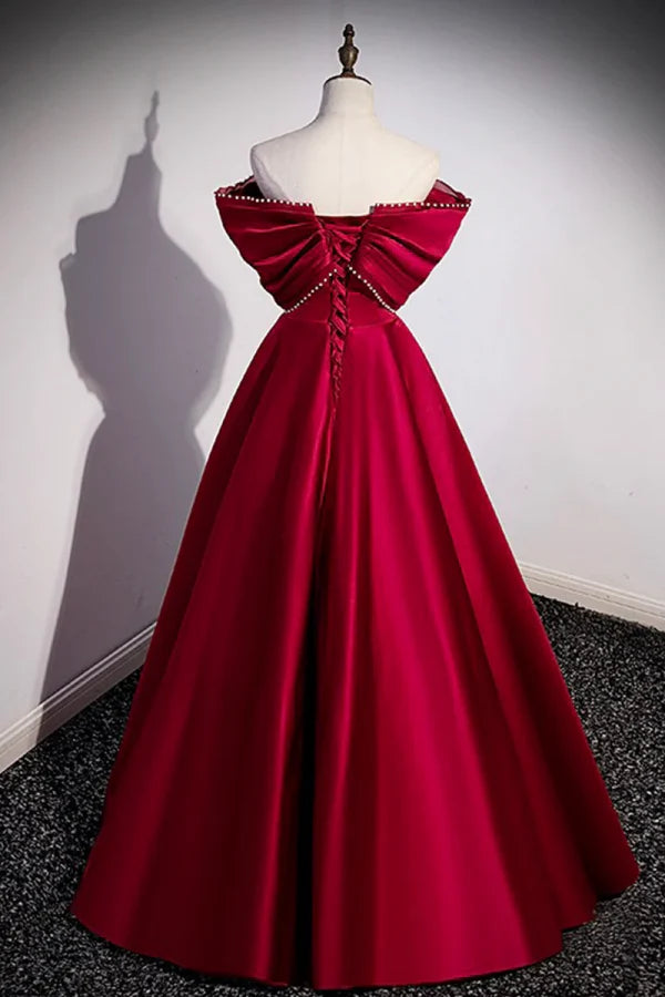 Glamorous Off-the-Shoulder Sleeveless Beaded Bow Red Satin Long Prom Dresses