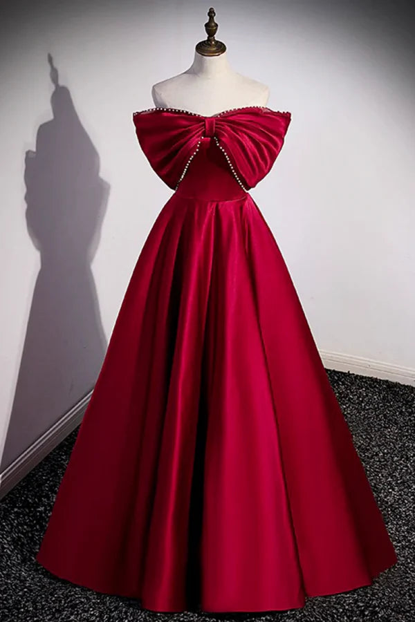 Glamorous Off-the-Shoulder Sleeveless Beaded Bow Red Satin Long Prom Dresses