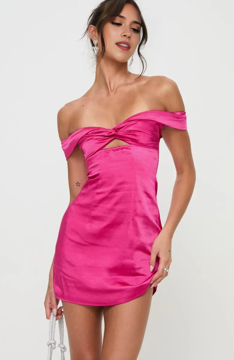 Glamorous Off Shoulder Cut Out Bow Satin Homecoming Dress for College  Back Events Eye - catching Party Outfit