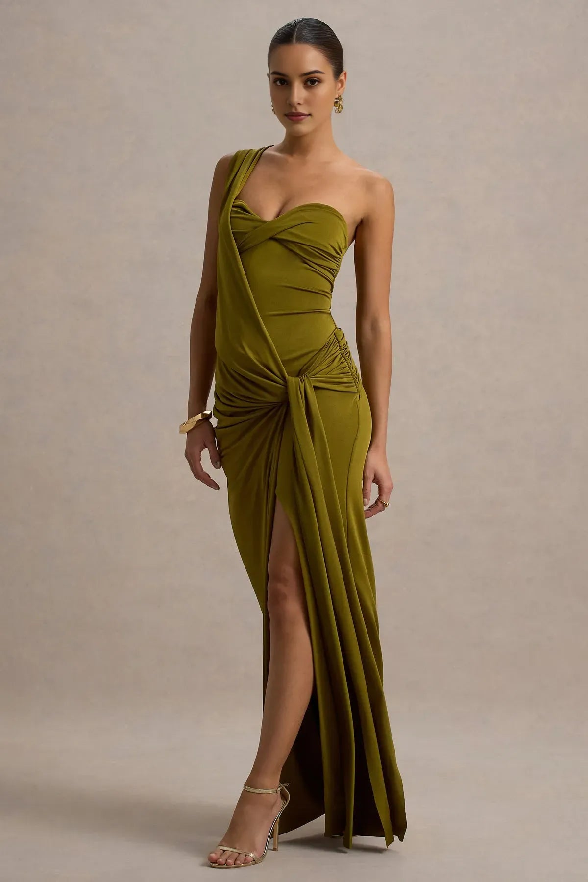 Glamorous Olive Green One - Shoulder Prom Dress with Asymmetric Ruched Design and High Slit