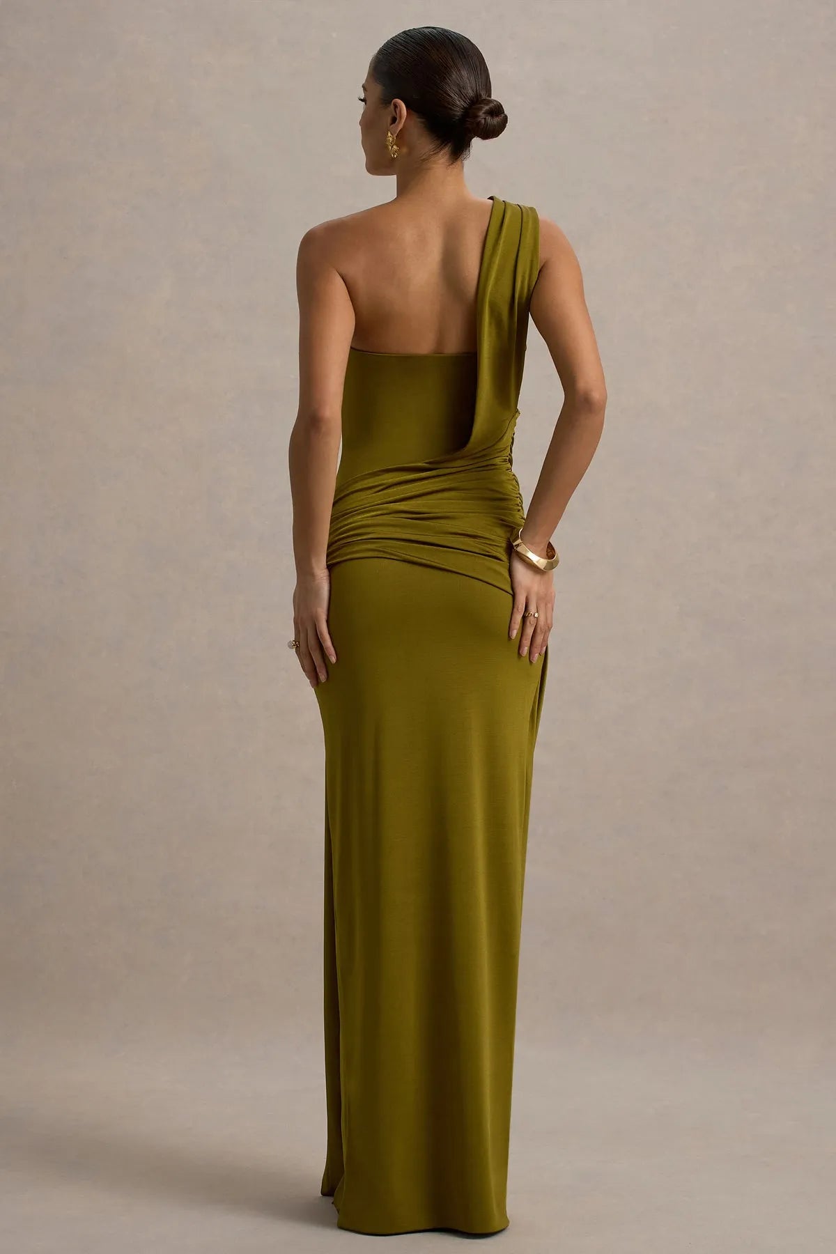 Glamorous Olive Green One - Shoulder Prom Dress with Asymmetric Ruched Design and High Slit