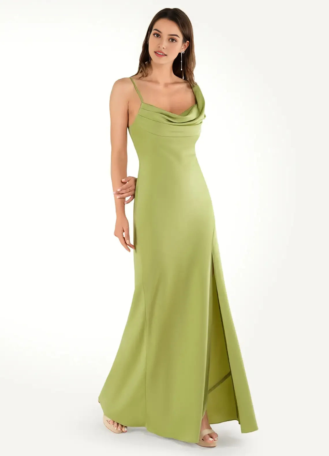 Glamorous Olive Green Prom Dresses Cowl Neckline Spaghetti Straps Satin Fabric and Side Slit for Memorable Evenings